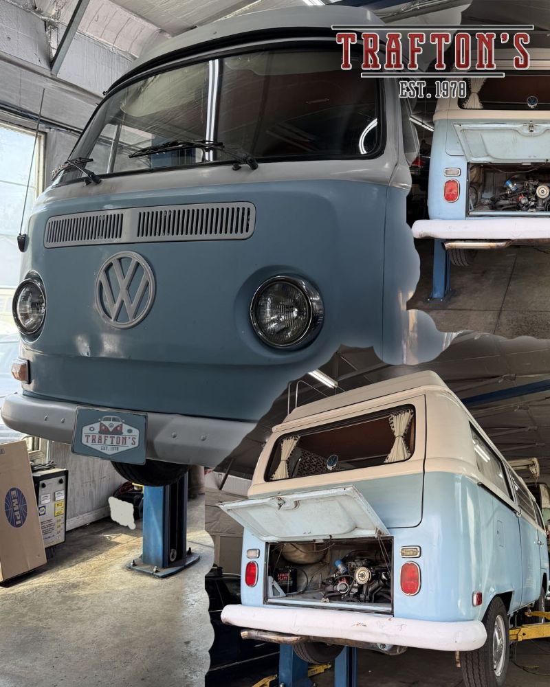 Two Bay-window Volkswagen Buses in for service at Trafton's Foreign Auto