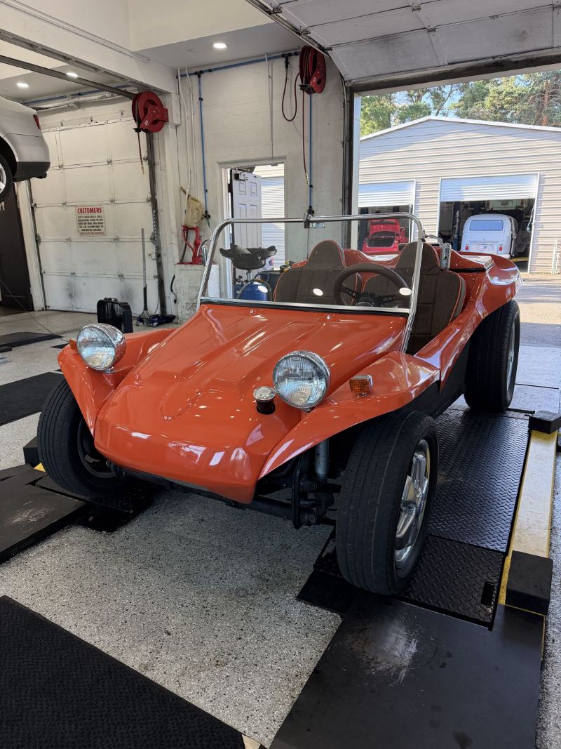 Orange Volkswagen-based dune buggy in the service bay at Trafton's Foreign Auto in Portland