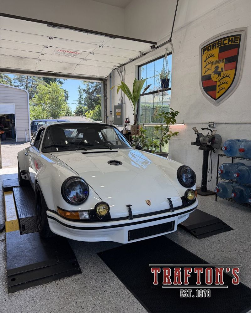 An aircooled Porsche 911 in the shop at Trafton's Foreign Auto, Portland