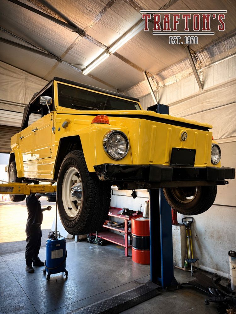 A 1974 Volkswagen Thing up on the lift at Trafton's Foreign Auto in Portland