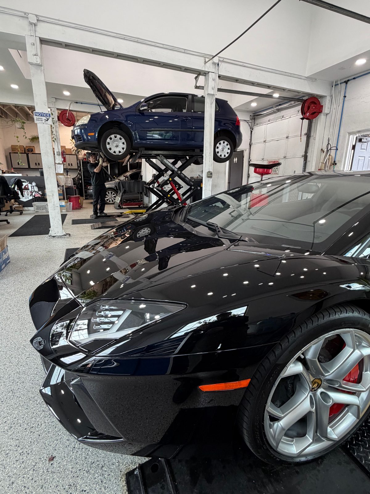 A Lamborghini Aventador and a Volkswagen Golf on the lift side by side in the bays at Trafton's Foreign Auto in Portland