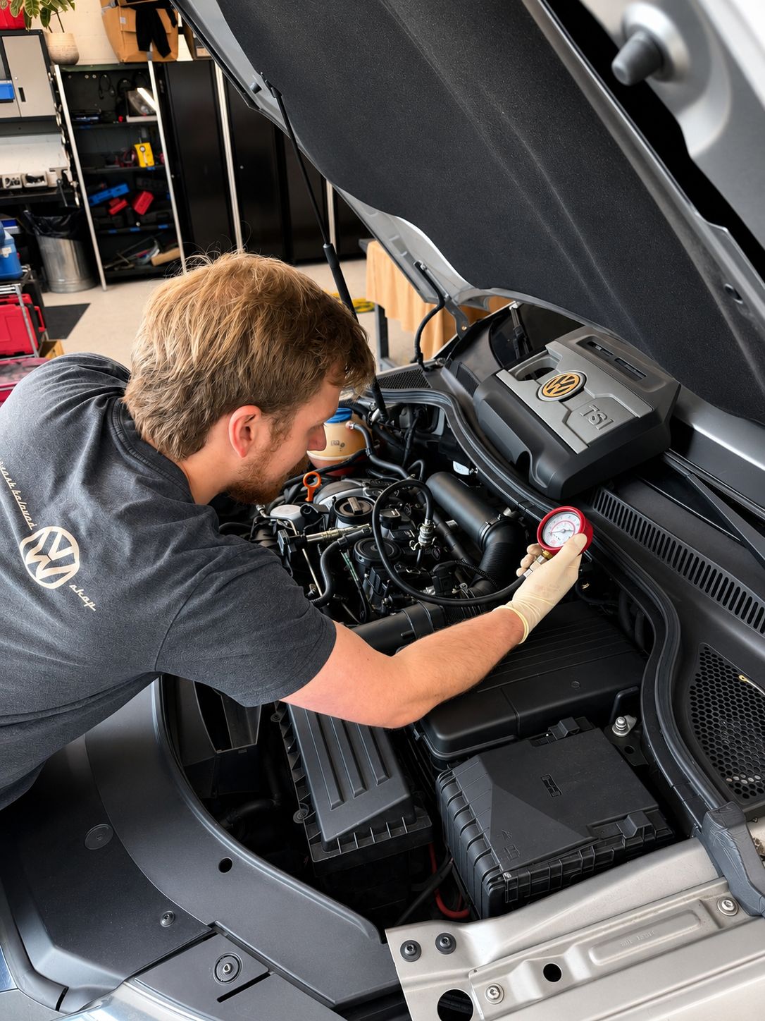 Trafton's technician pressure-testing the cooling system on a TSI-engined Volkswagen in Portland, Oregon